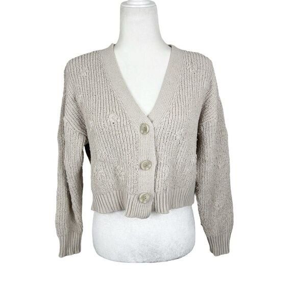 Z Supply Sweater Women Large Beige Button Up Cardigan Floral Knit Cropped - Picture 1 of 16